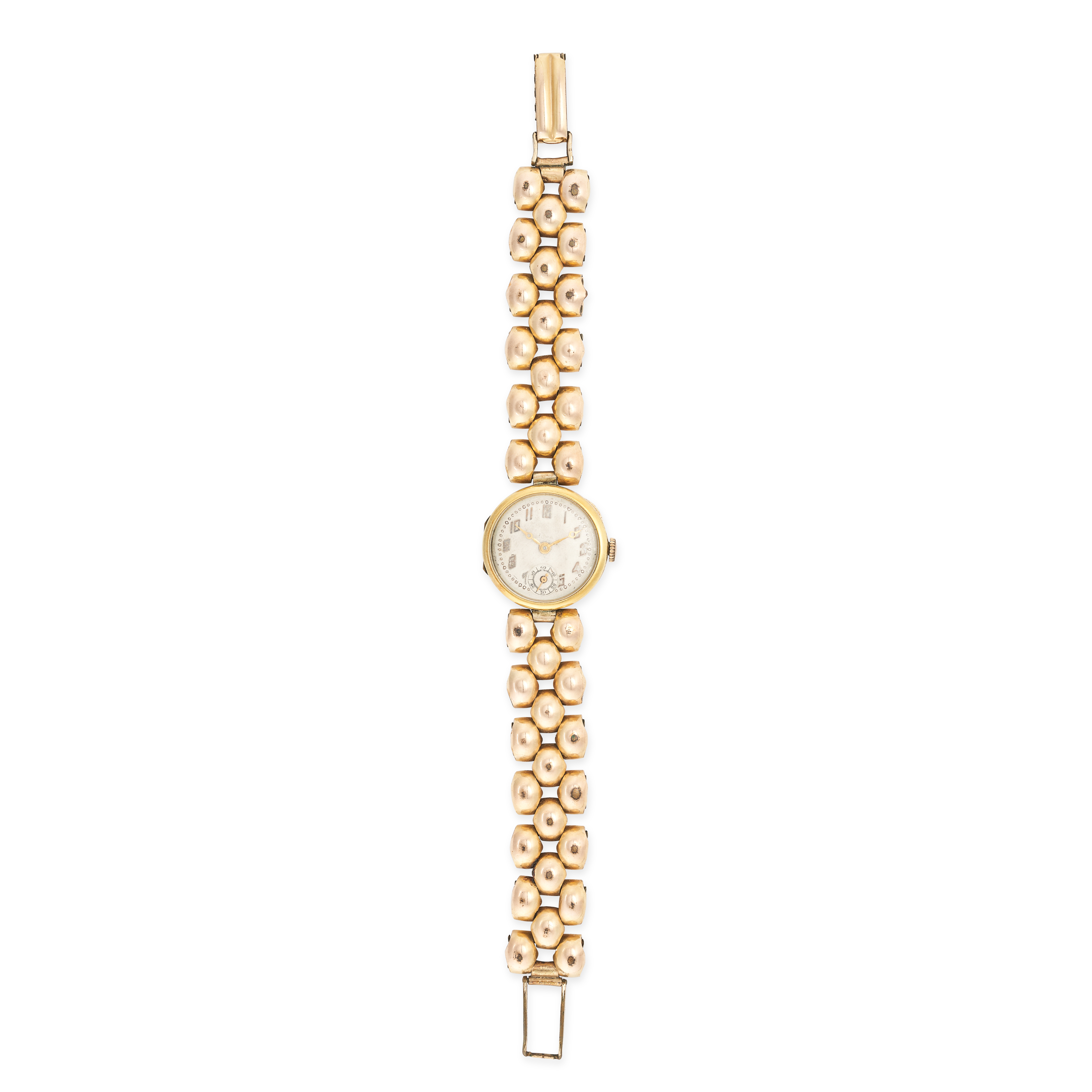 A VINTAGE LADIES WRISTWATCH in 14ct yellow gold and gold plate, with silvered dial, applied styli...