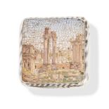 AN ANTIQUE MICROMOSAIC SNUFF BOX in silver, the square hinged box with a fluted design, the lid i...