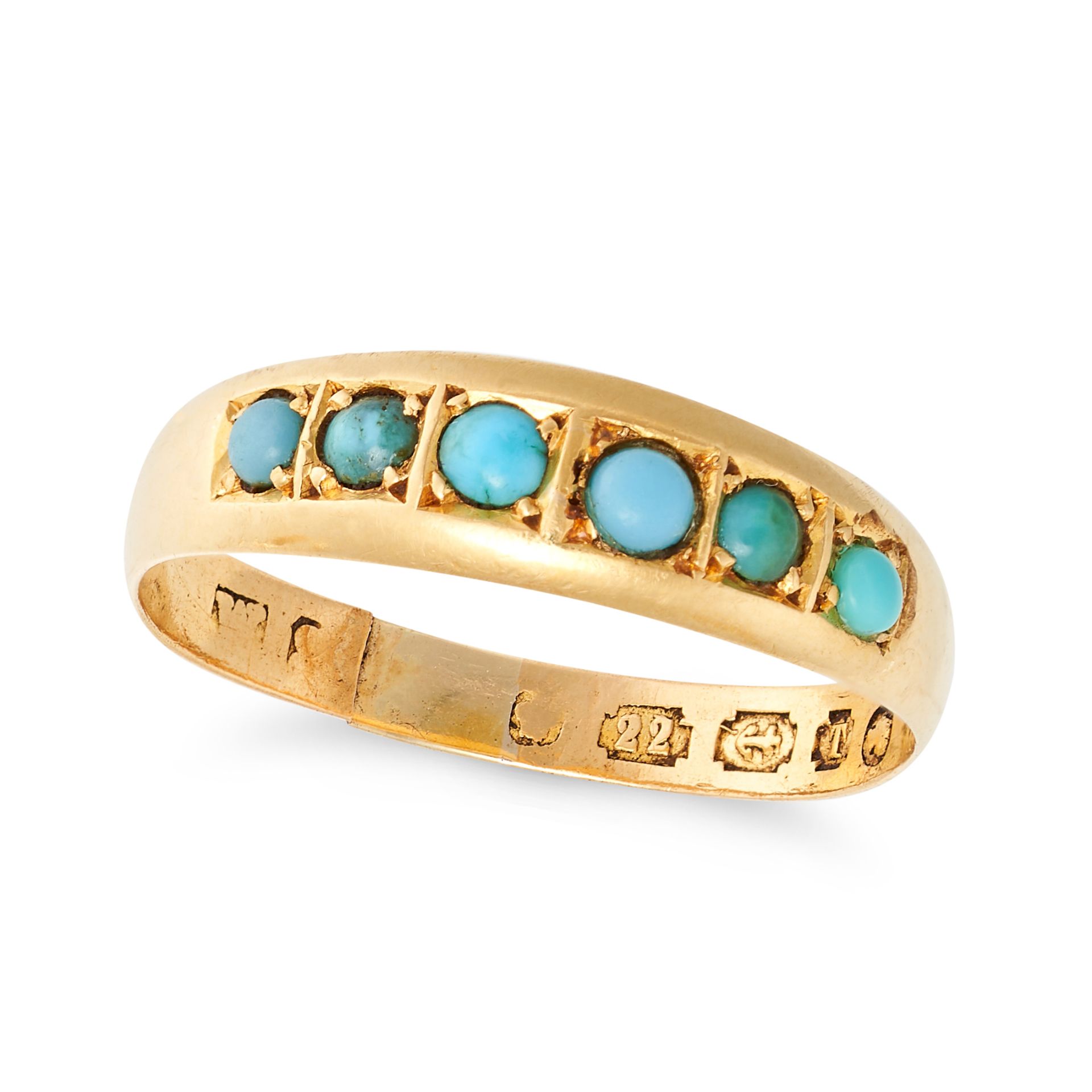 AN ANTIQUE VICTORIAN TURQUOISE BAND RING in 22ct yellow gold, set with six cabochon turquoise, ba...