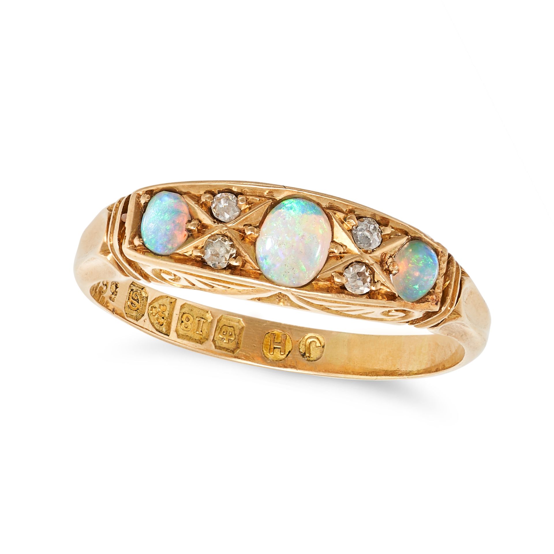 AN ANTIQUE EDWARDIAN OPAL AND DIAMOND RING in 18ct yellow gold, set with three cabochon opals pun...