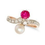 AN ANTIQUE FRENCH RUBY, PEARL AND DIAMOND TOI ET MOI RING set with a round cut ruby and a pearl a...