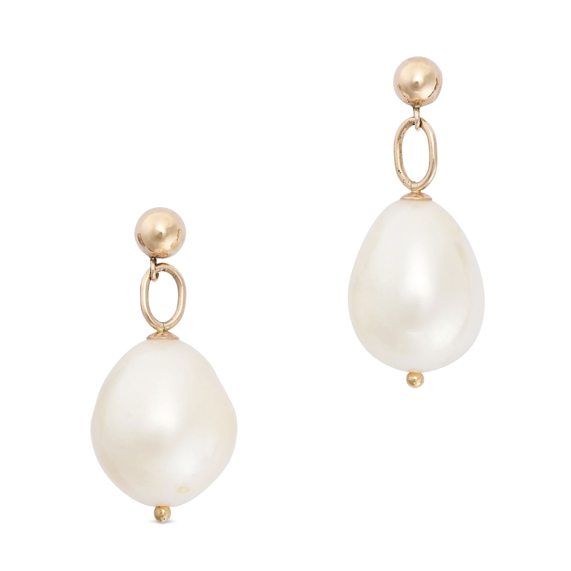 A PAIR OF PEARL DROP EARRINGS in 9ct yellow gold, each comprising a gold sphere suspending a pear...