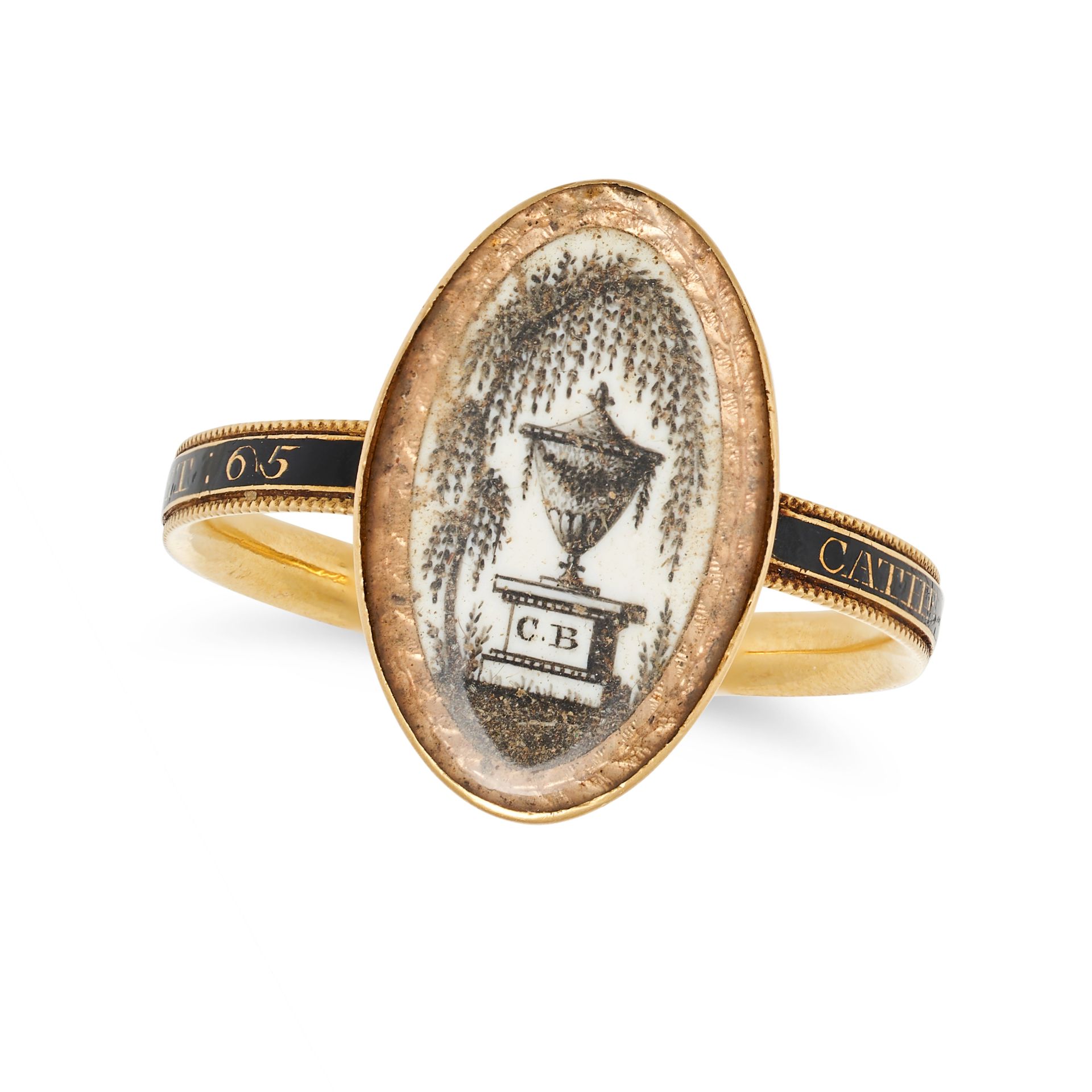 AN ANTIQUE GEORGIAN MOURNING RING in yellow gold, the navette-shaped face with a hairwork urn und...