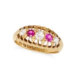 AN ANTIQUE SYNTHETIC RUBY AND PASTE RING in 18ct yellow gold, set with a row of alternating round...