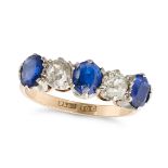 A SAPPHIRE AND DIAMOND FIVE STONE RING in 18ct rose gold and platinum, set with alternating oval ...