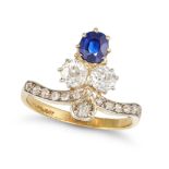 AN ANTIQUE SAPPHIRE AND DIAMOND TIARA RING in 18ct yellow gold and platinum, set with a cushion c...