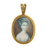 AN ANTIQUE PORTRAIT MINIATURE PENDANT set with an oval portrait miniature of a Georgian woman, wi...