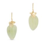 A PAIR OF PREHNITE DROP EARRINGS in silver gilt, each comprising a flower motif suspending a carv...