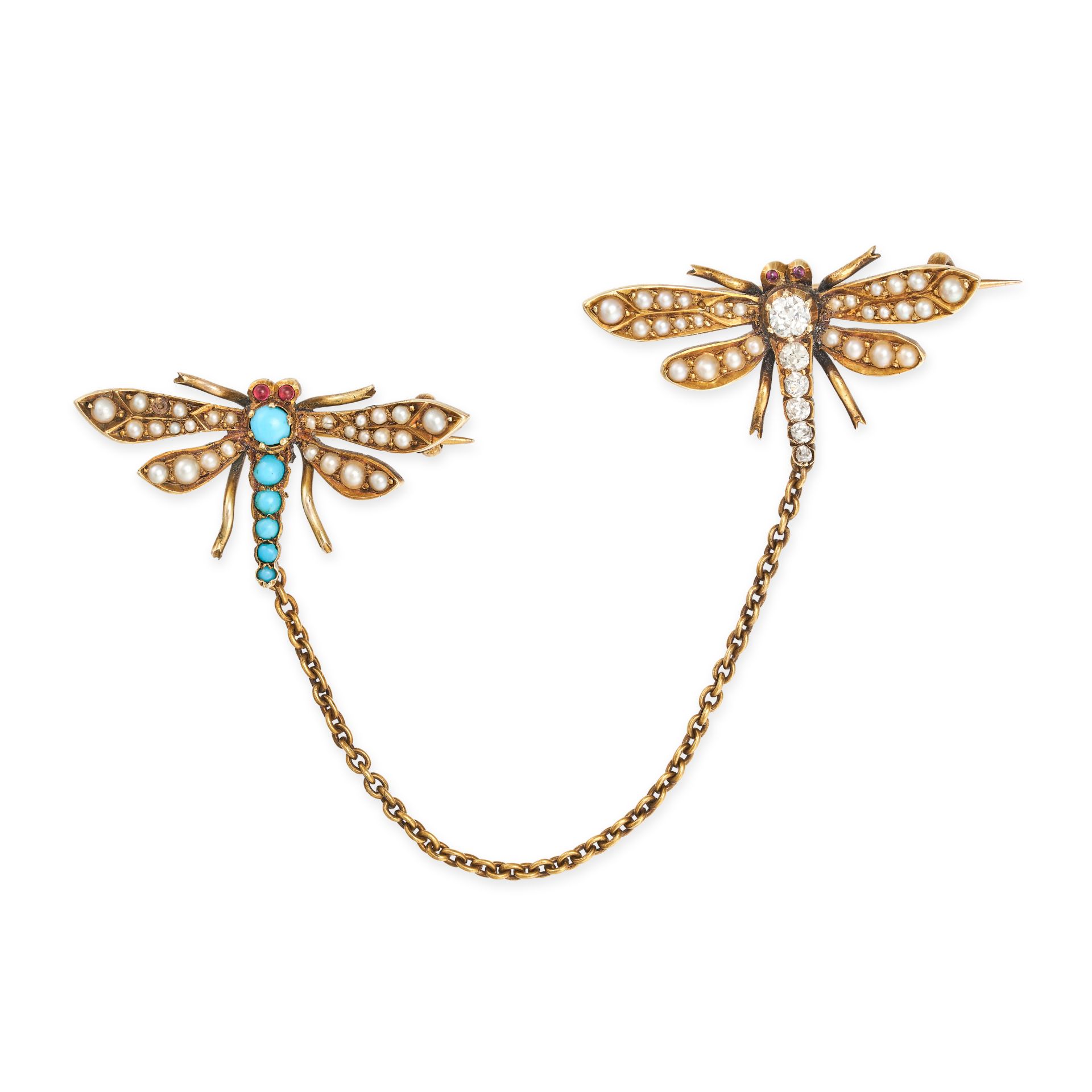 AN ANTIQUE DIAMOND, TURQUOISE AND PEARL DRAGONFLY BROOCH in yellow gold, designed as two dragonfl...