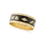 AN ANTIQUE GEORGIAN ENAMEL MOURNING BAND RING in 18ct yellow gold, decorated in black enamel spel...