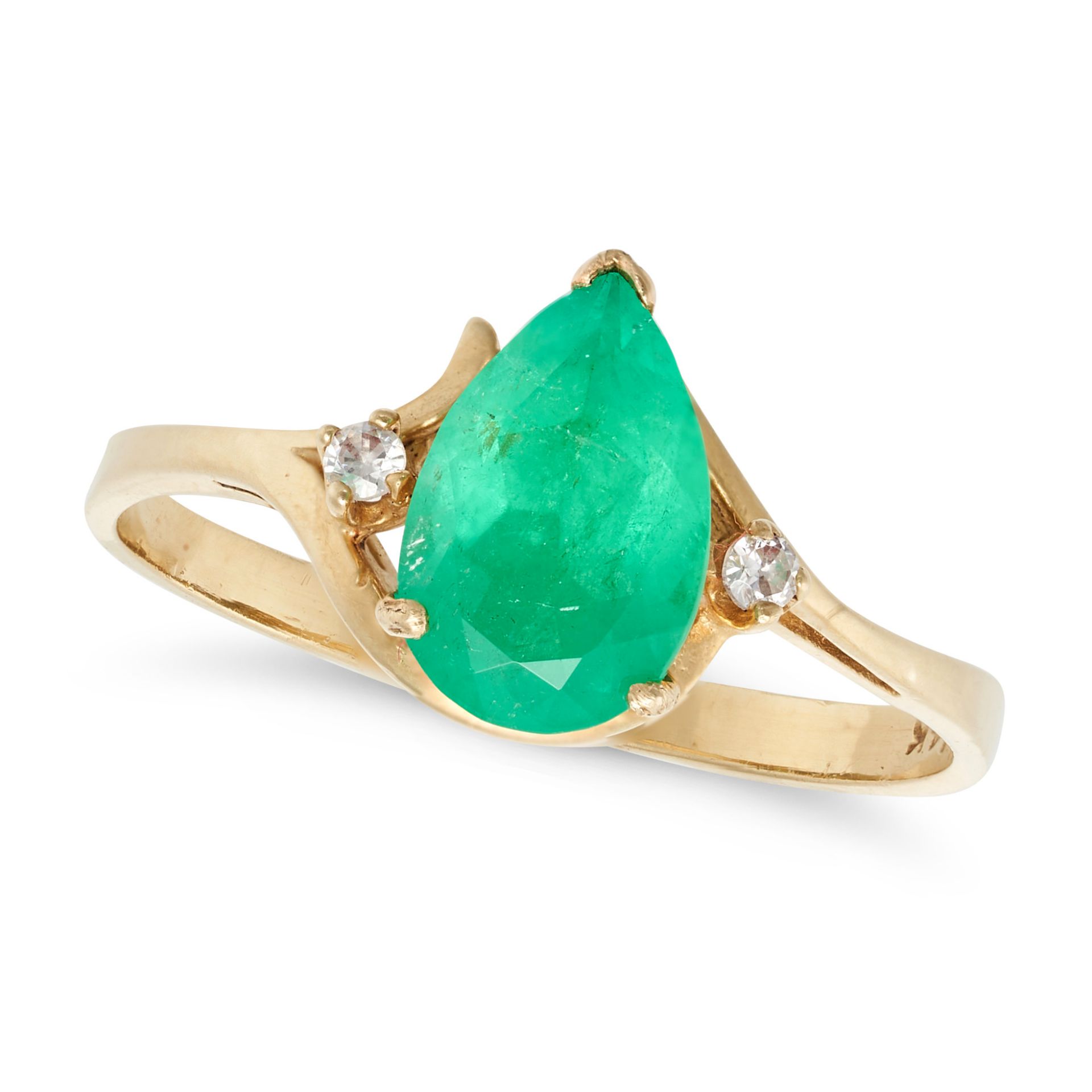 AN EMERALD AND DIAMOND RING in 14ct yellow gold, set with a pear cut emerald of approximately 1.2...