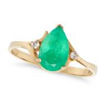 AN EMERALD AND DIAMOND RING in 14ct yellow gold, set with a pear cut emerald of approximately 1.2...