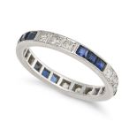 A SAPPHIRE AND DIAMOND ETERNITY RING set all around with a row of alternating trios of square ste...