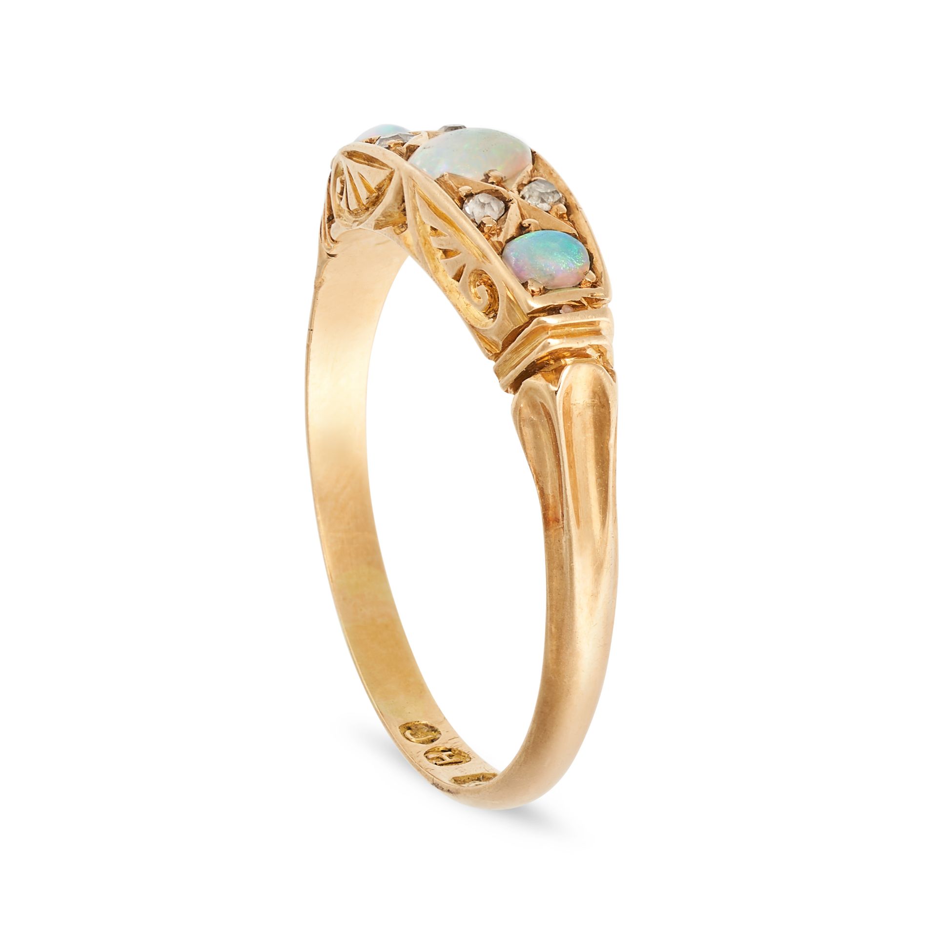AN ANTIQUE EDWARDIAN OPAL AND DIAMOND RING in 18ct yellow gold, set with three cabochon opals pun... - Image 2 of 2