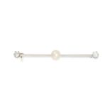 AN ANTIQUE DIAMOND AND PEARL BAR BROOCH set with a pearl of 5.9mm terminated at each end with an ...