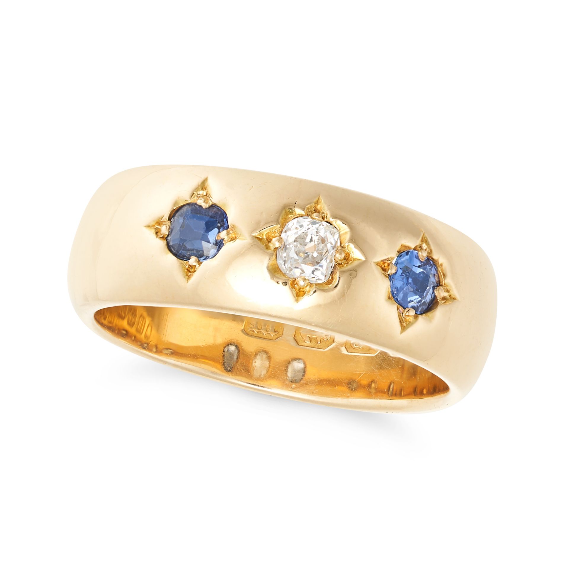 AN ANTIQUE VICTORIAN SAPPHIRE AND DIAMOND GYPSY RING in 18ct yellow gold, set with an old cut dia...