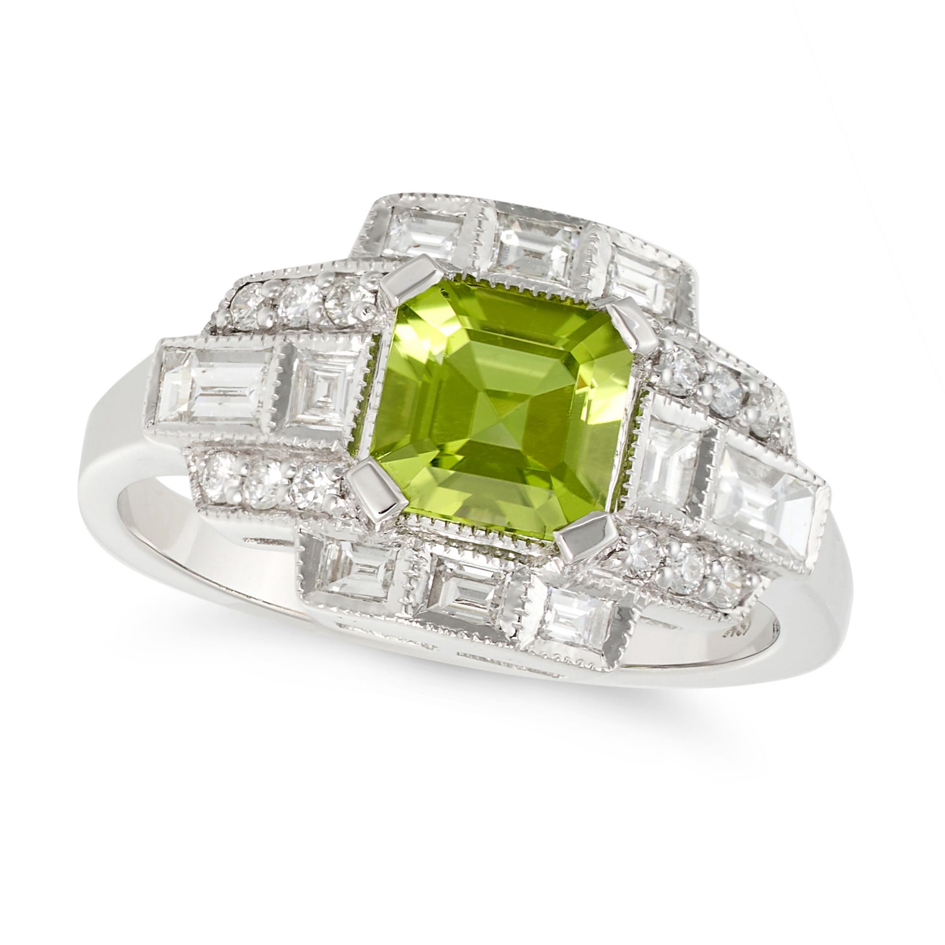 A PERIDOT AND DIAMOND DRESS RING in 18ct white gold, set with an octagonal step cut peridot accen...