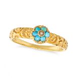 AN ANTIQUE GEORGIAN TURQUOISE AND PEARL FORGET ME KNOT MOURNING RING in yellow gold, set with a