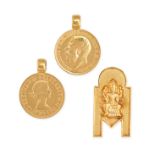 A COLLECTION OF THREE PENDANTS in 22ct yellow gold, including one pendant depicting a Hindu god, ...
