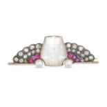 A FINE ANTIQUE EGYPTIAN REVIVAL MOONSTONE, DIAMOND, RUBY AND PEARL PHARAOH BROOCH in yellow gold,...