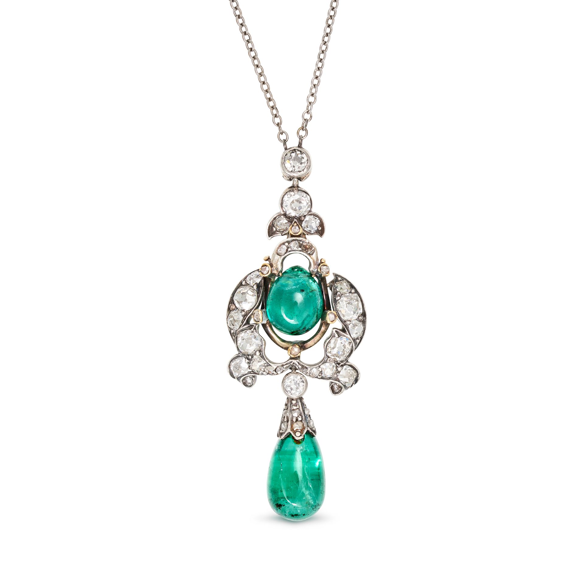 AN ANTIQUE EMERALD AND DIAMOND PENDANT NECKLACE, EARLY 20TH CENTURY in white and yellow gold, and...
