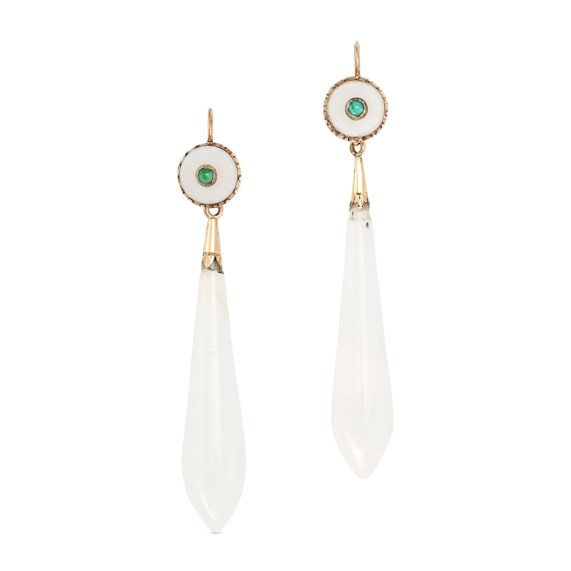 A PAIR OF ANTIQUE TURQUOISE AND CHALCEDONY DROP EARRINGS in yellow gold, each top with a circular...