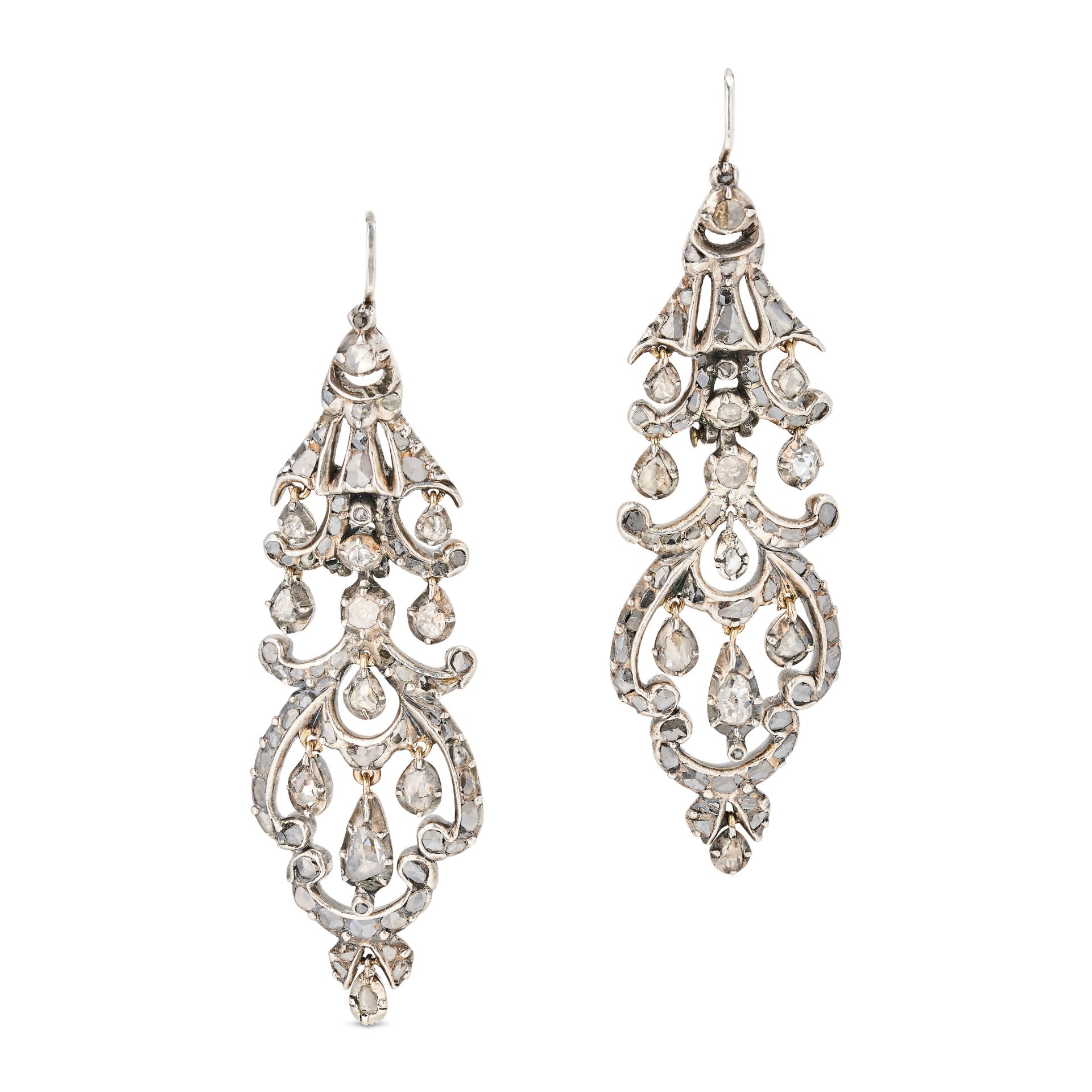 A PAIR OF ANTIQUE DIAMOND DROP EARRINGS in silver, the articulated tapering bodies set with rose ...