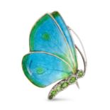 CHILD & CHILD, A FINE ANTIQUE ENAMEL AND DEMANTOID GARNET BUTTERFLY BROOCH in silver, the body se...