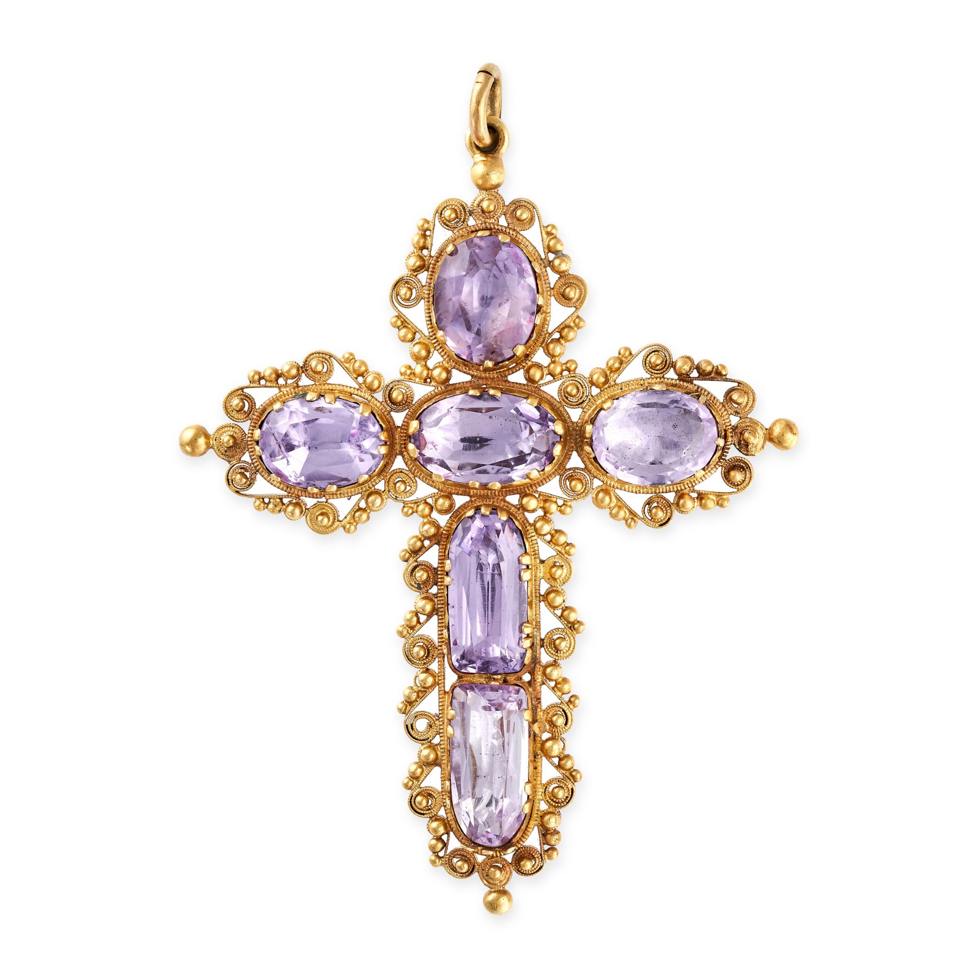 AN ANTIQUE AMETHYST CROSS PENDANT in yellow gold, the cross set with six oval cut amethysts in a ...