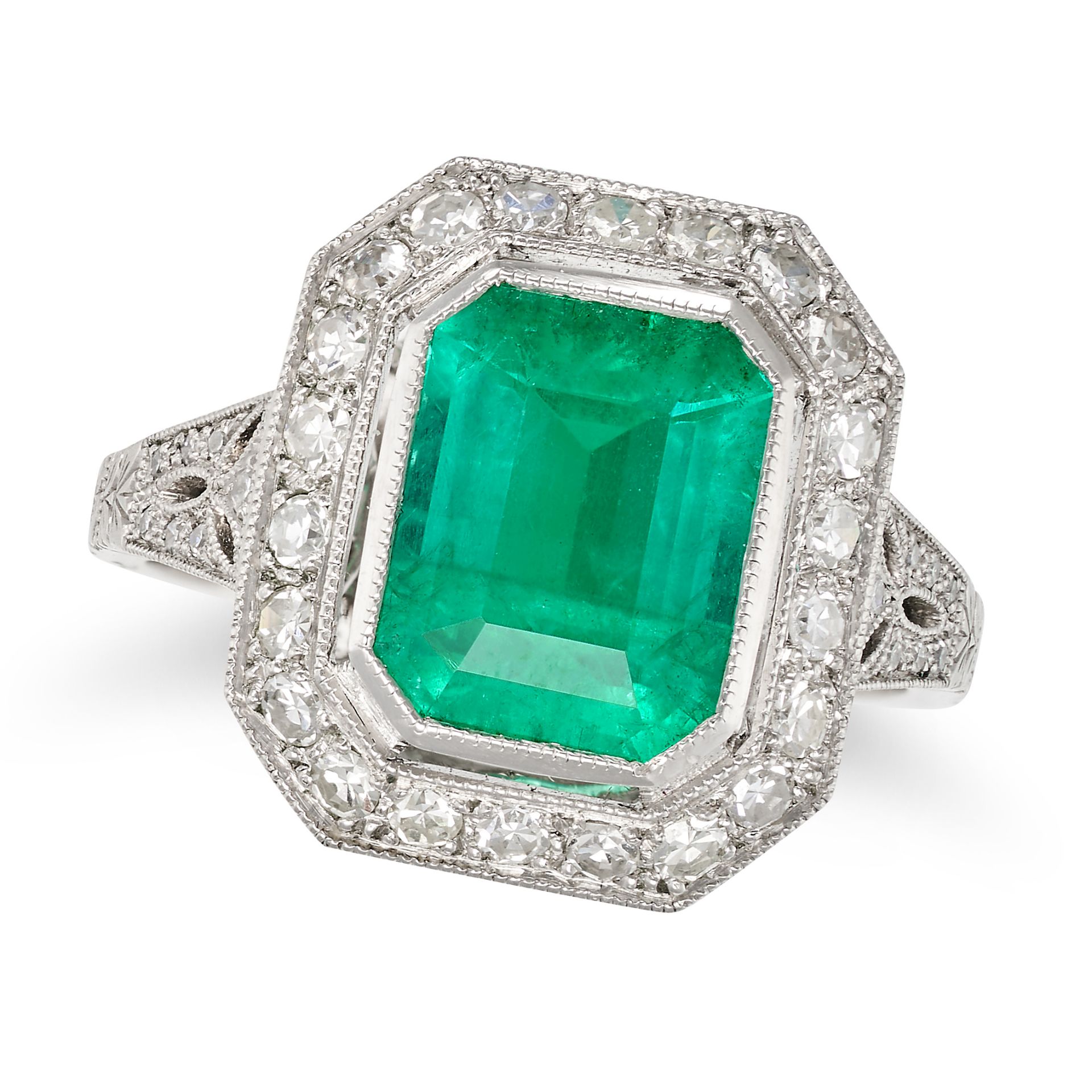 AN EMERALD AND DIAMOND RING in platinum, set with an octagonal step cut emerald of 2.70 carats in...
