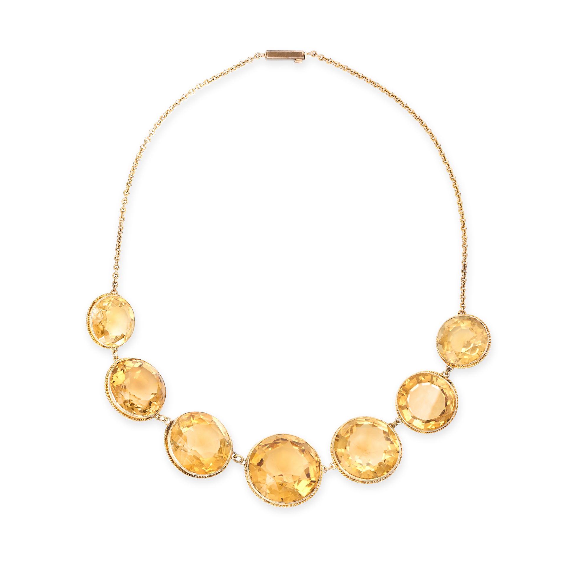 AN ANTIQUE CITRINE NECKLACE in yellow gold, set with seven large round cut citrines in twisted go...