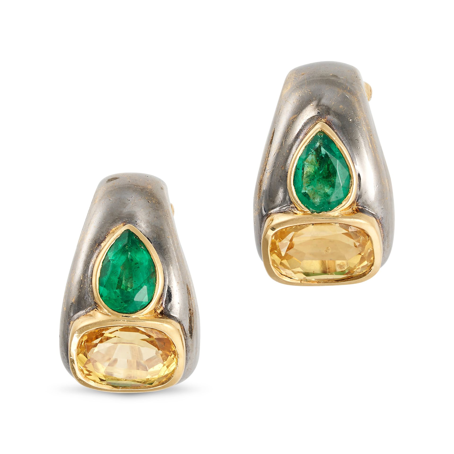 A PAIR OF CEYLON NO HEAT YELLOW SAPPHIRE AND EMERALD EARRINGS each set with a cushion cut yellow ...