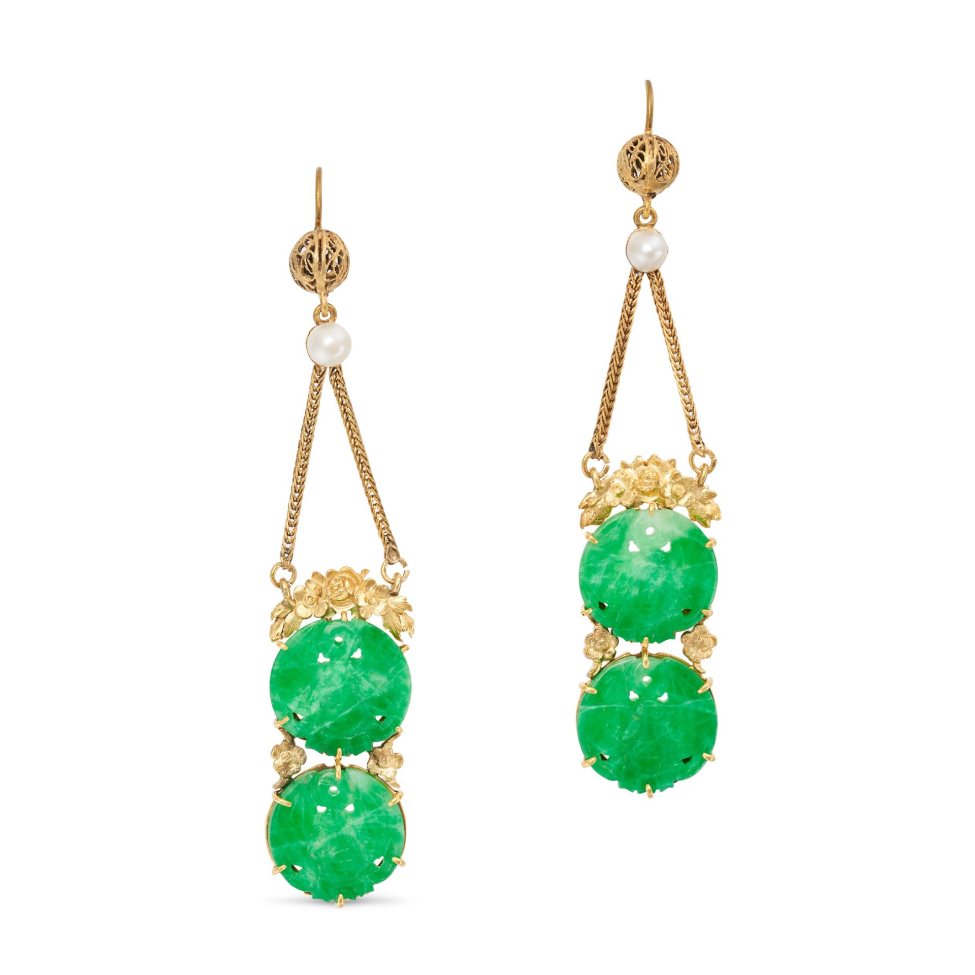 A PAIR OF JADEITE JADE AND PEARL DROP EARRINGS in yellow gold, each comprising a filigree sphere ...