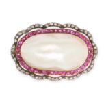 AN ANTIQUE NATURAL PEARL, RUBY, AND DIAMOND BROOCH in 18ct yellow gold and silver, set with a bli...