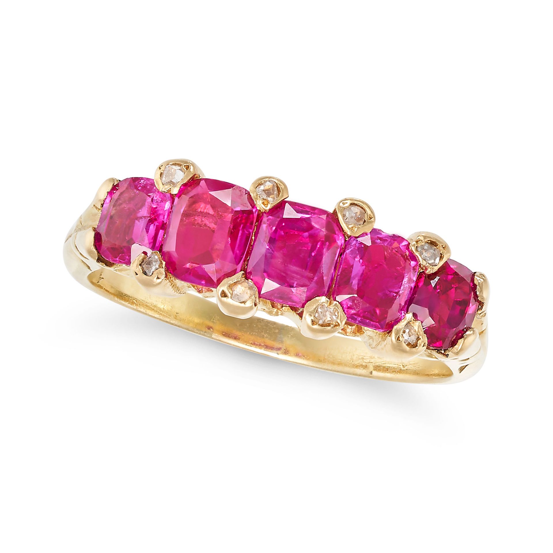 A BURMA NO HEAT FIVE STONE RING in yellow gold, set with five octagonal step cut rubies, the rubi...
