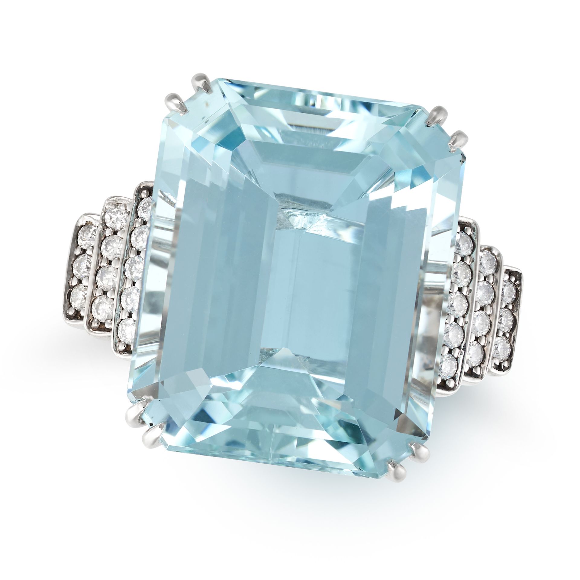 AN AQUAMARINE AND DIAMOND RING set with an octagonal step cut aquamarine of 23.95 carats, the ste...