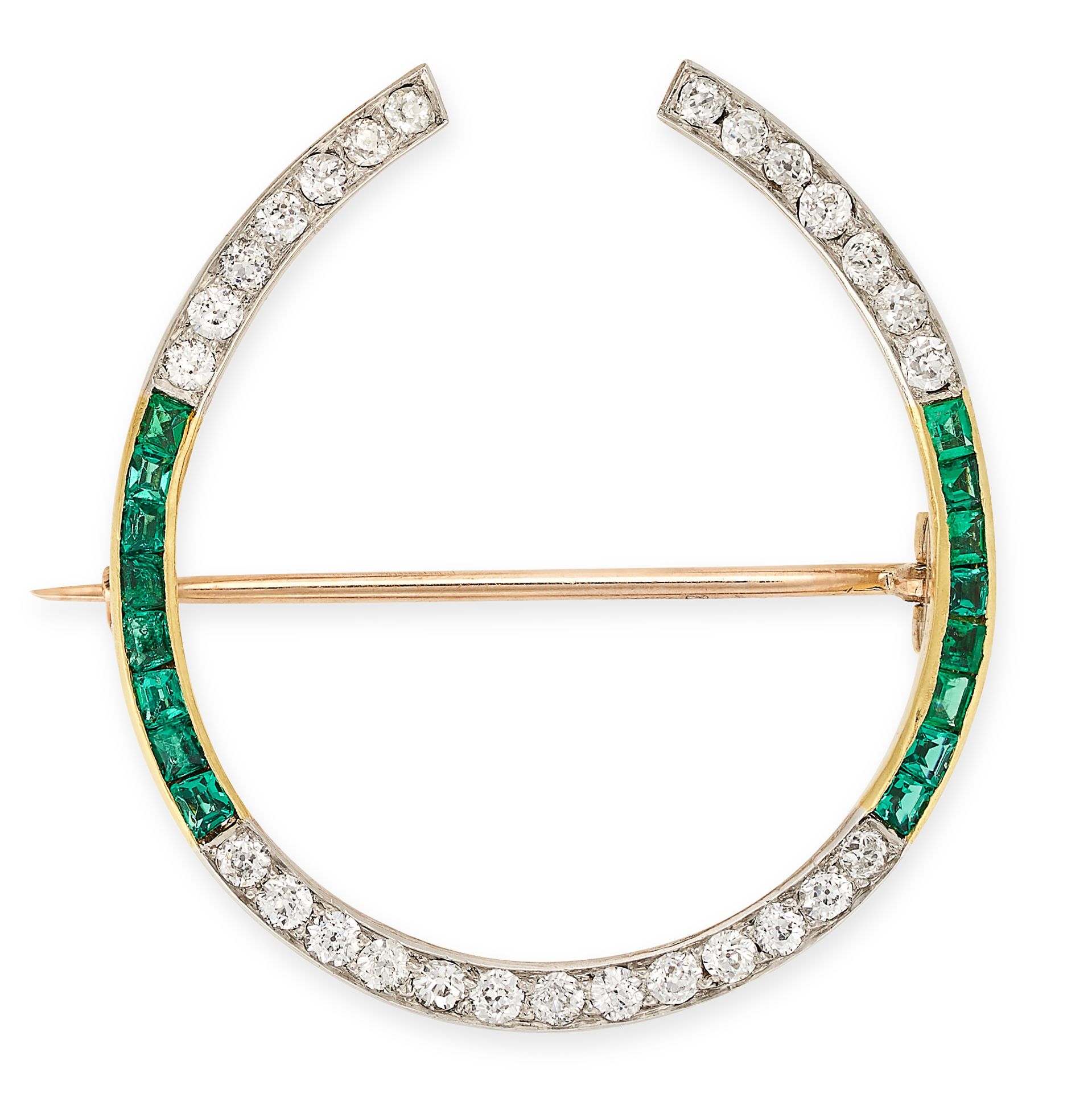 A FINE ANTIQUE EMERALD AND DIAMOND HORSESHOE BROOCH, EARLY 20TH CENTURY in yellow gold and platin...