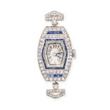 BULGARI, AN ART DECO SAPPHIRE AND DIAMOND WATCH FACE in white gold, the tonneau case accented by ...