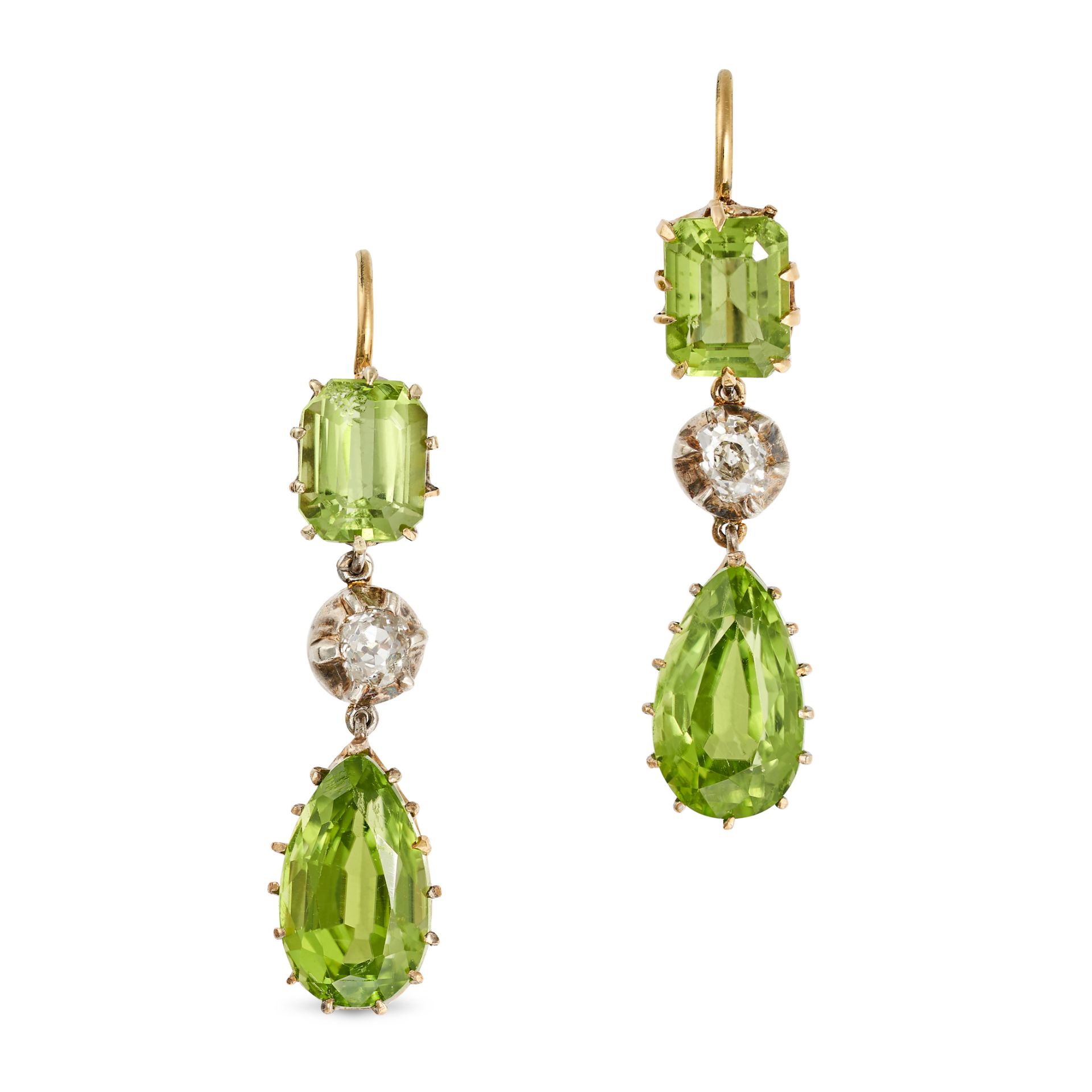 A PAIR OF PERIDOT AND DIAMOND DROP EARRINGS in yellow gold, each set with an octagonal step cut p...