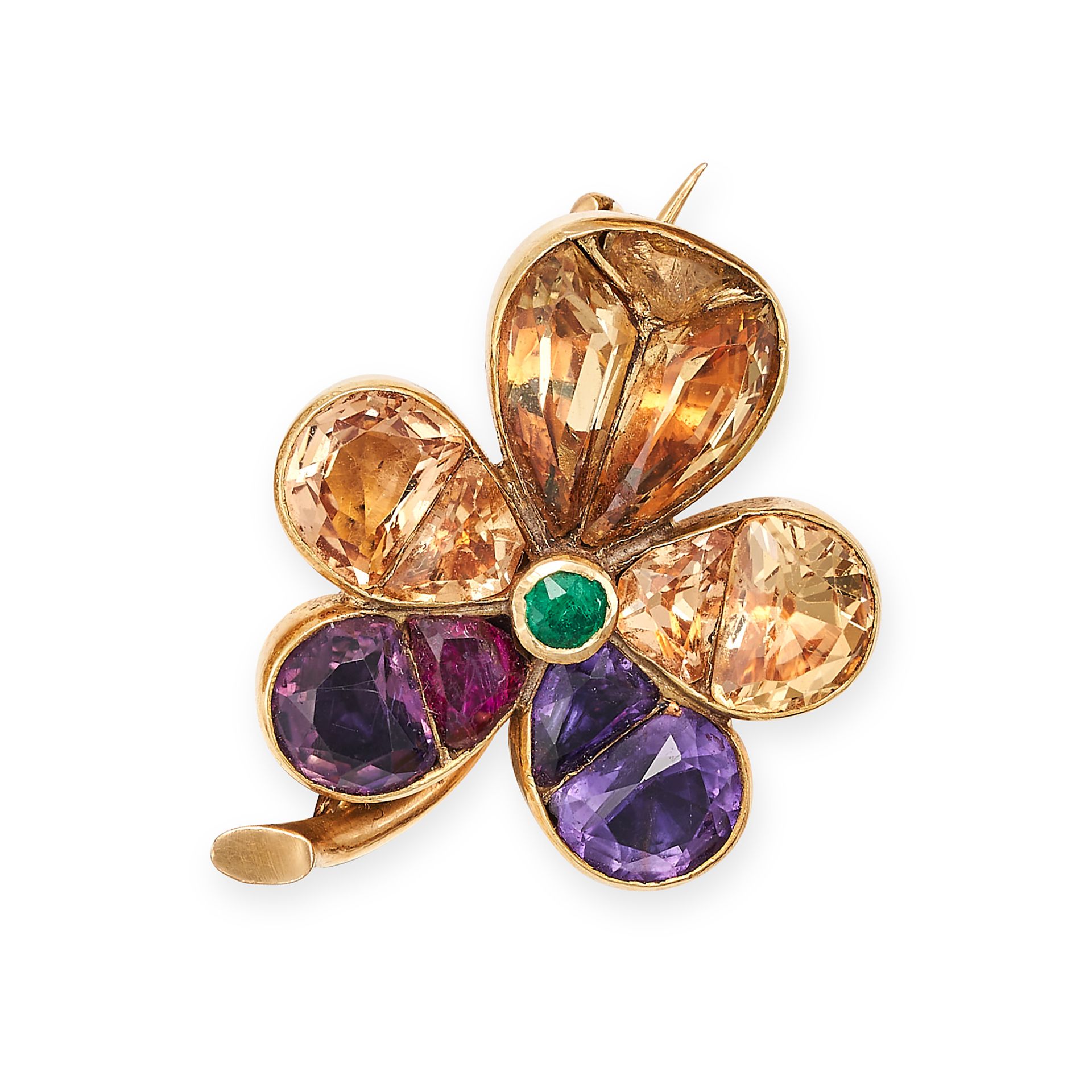 AN ANTIQUE TOPAZ, AMETHYST, AND EMERALD PANSY BROOCH in yellow gold, set to the centre with a rou...
