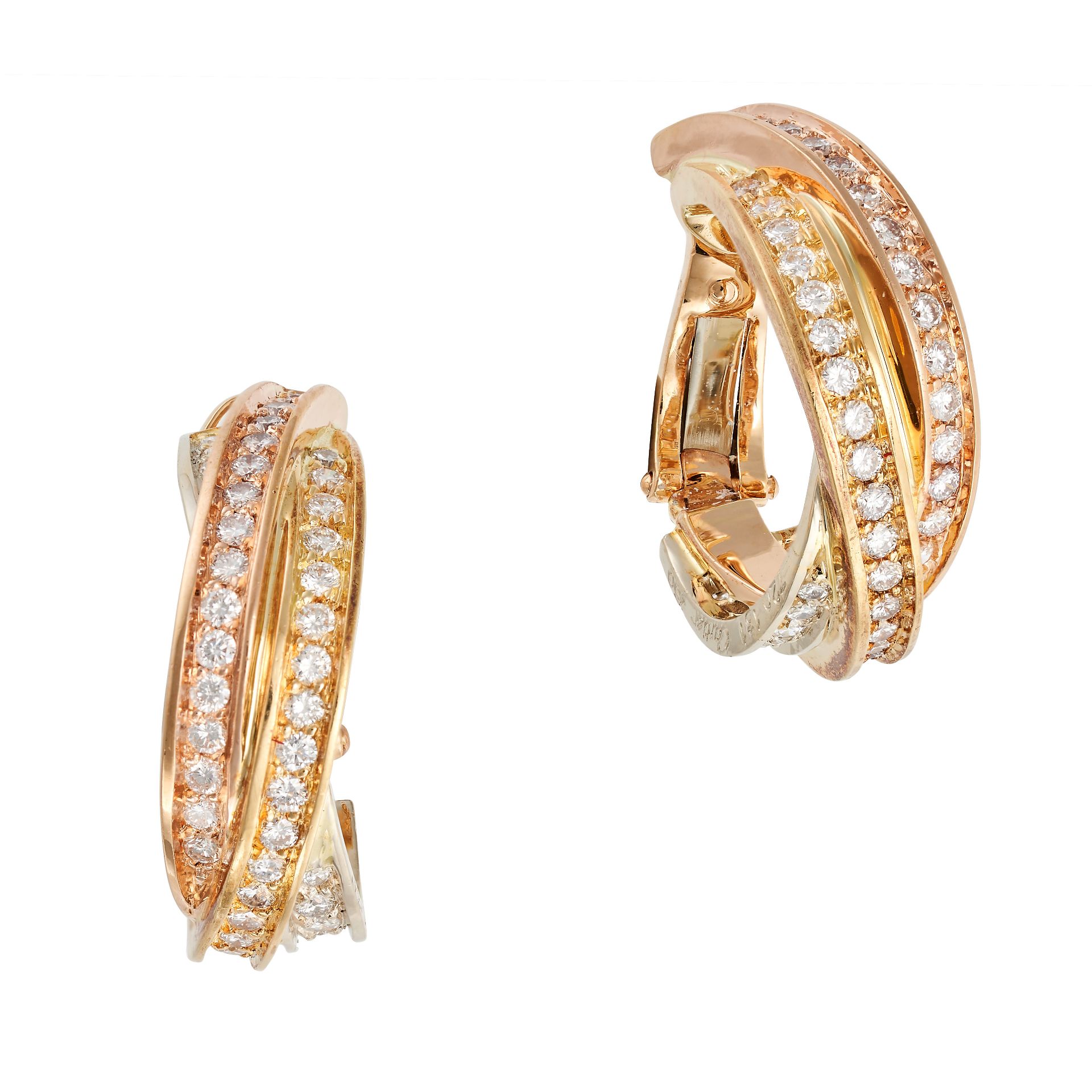 CARTIER, A PAIR OF DIAMOND TRINITY DE CARTIER HOOP EARRINGS in 18ct yellow, white and rose gold, ... - Bild 2 aus 2