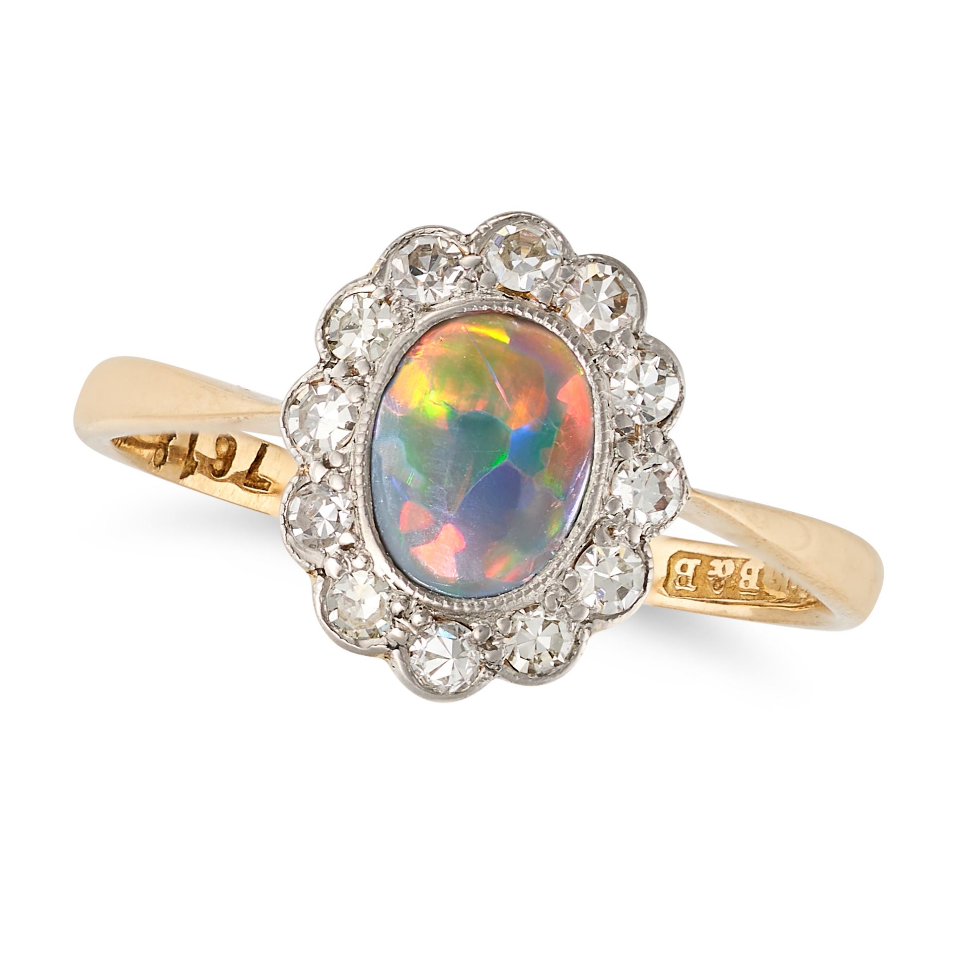 A BLACK OPAL AND DIAMOND CLUSTER RING in 18ct yellow gold, set with a cabochon black opal in a cl...