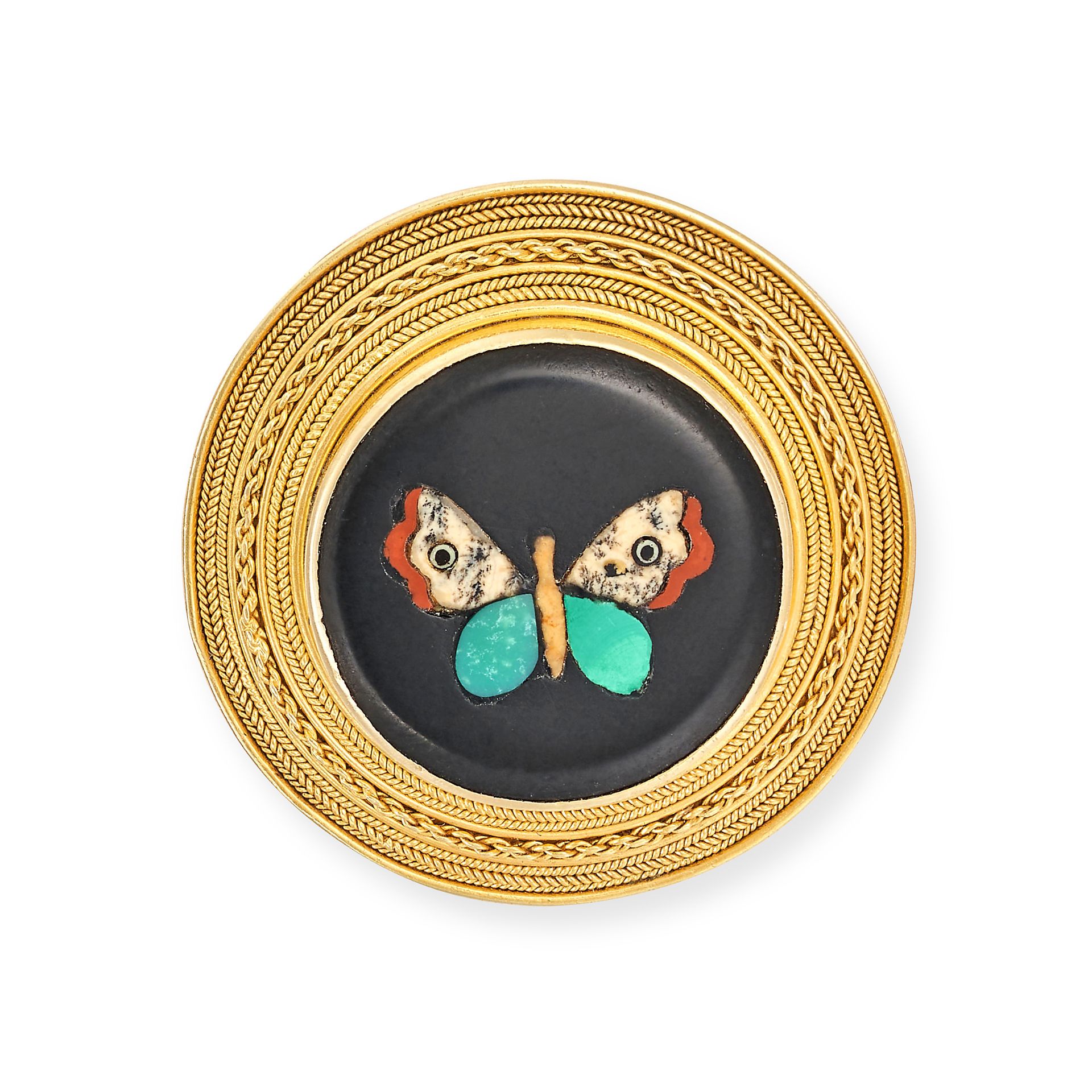 AN ANTIQUE PIETRA DURA BUTTERFLY BROOCH in yellow gold, in circular form inlaid with polished pie...