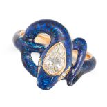 A FINE DIAMOND AND ENAMEL SNAKE RING in yellow gold, designed as a coiled snake decorated through...