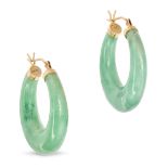 A PAIR OF JADEITE JADE HOOP EARRINGS in 14ct yellow gold, each set with a polished jadeite jade h...