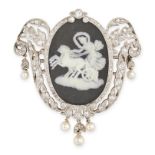 A FINE ANTIQUE DIAMOND, PEARL AND CAMEO BROOCH set with a black Wedgwood cameo in a scrolling fra...