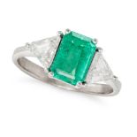 A COLOMBIAN EMERALD AND DIAMOND THREE STONE RING set with an octagonal step cut emerald of 1.86 c...