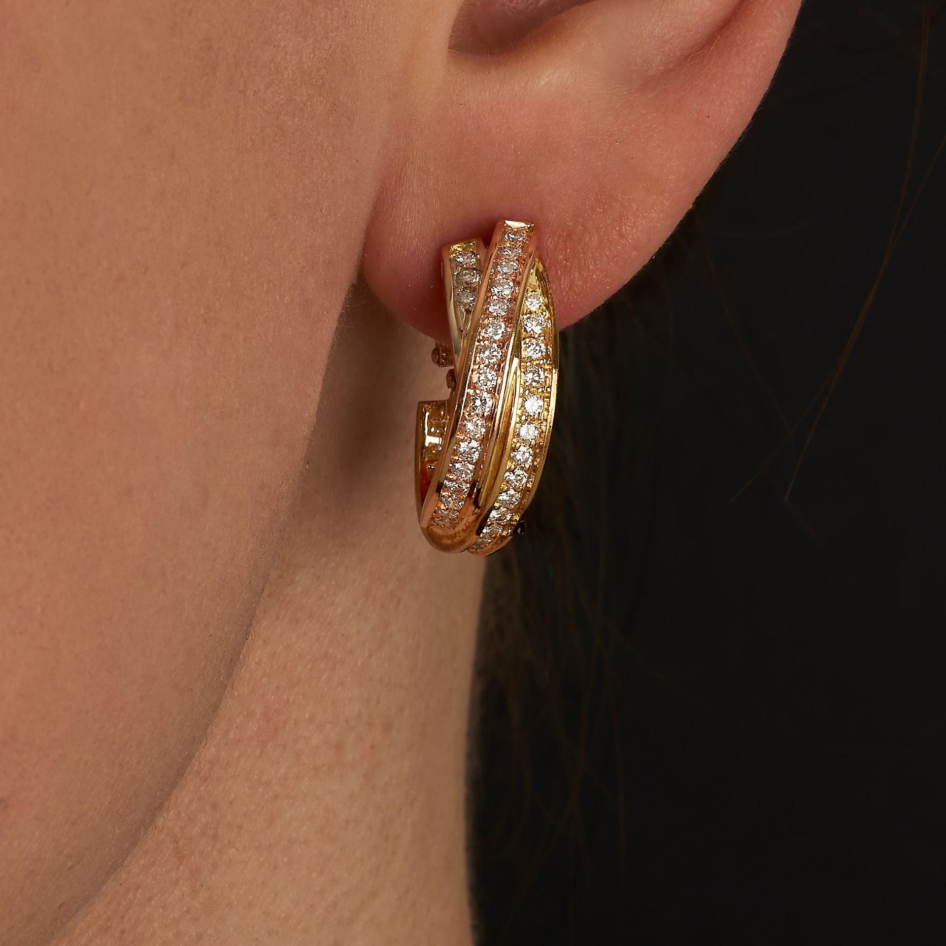 CARTIER, A PAIR OF DIAMOND TRINITY DE CARTIER HOOP EARRINGS in 18ct yellow, white and rose gold, ...