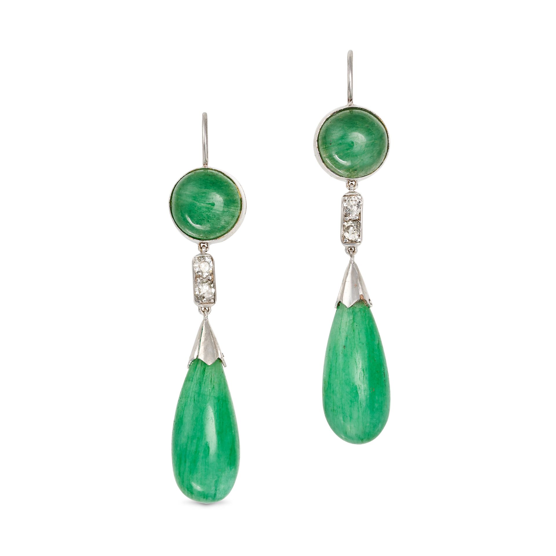 A PAIR OF EMERALD AND DIAMOND DROP EARRINGS each set with a round cabochon emerald suspending a l...
