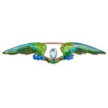 ATTR. CHILD & CHILD, AN ANTIQUE AQUAMARINE AND ENAMEL WING BROOCH designed as a pair of wings dec...